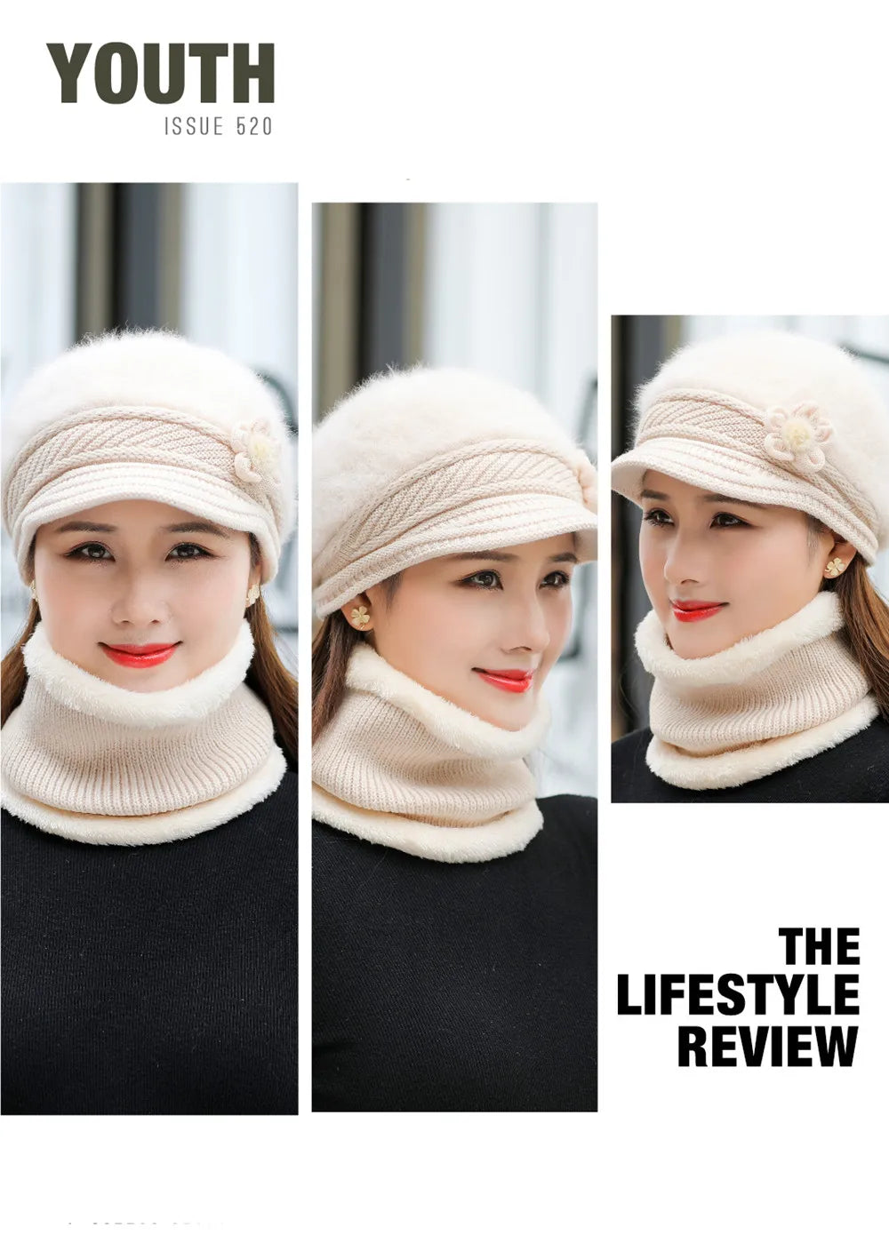 New Women Winter Hat, Keep Warm Cap, Add Fur Lined Hat & Scarf Warm Set, Fashion Hat For Women Casual Faux Fur Flower Knitted Hat