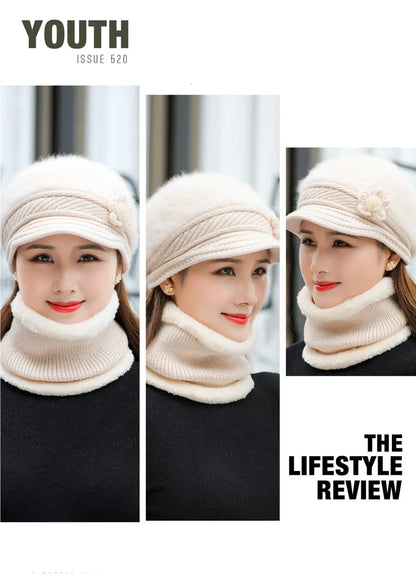 New Women Winter Hat, Keep Warm Cap, Add Fur Lined Hat & Scarf Warm Set, Fashion Hat For Women Casual Faux Fur Flower Knitted Hat
