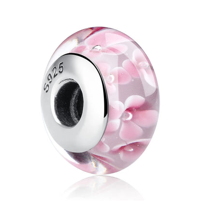BAMOER 925 Sterling Silver Lovely Pink Flower European Murano Glass Charm Beads for DIY Charm Bracelets Christmas Gifts SCZ001