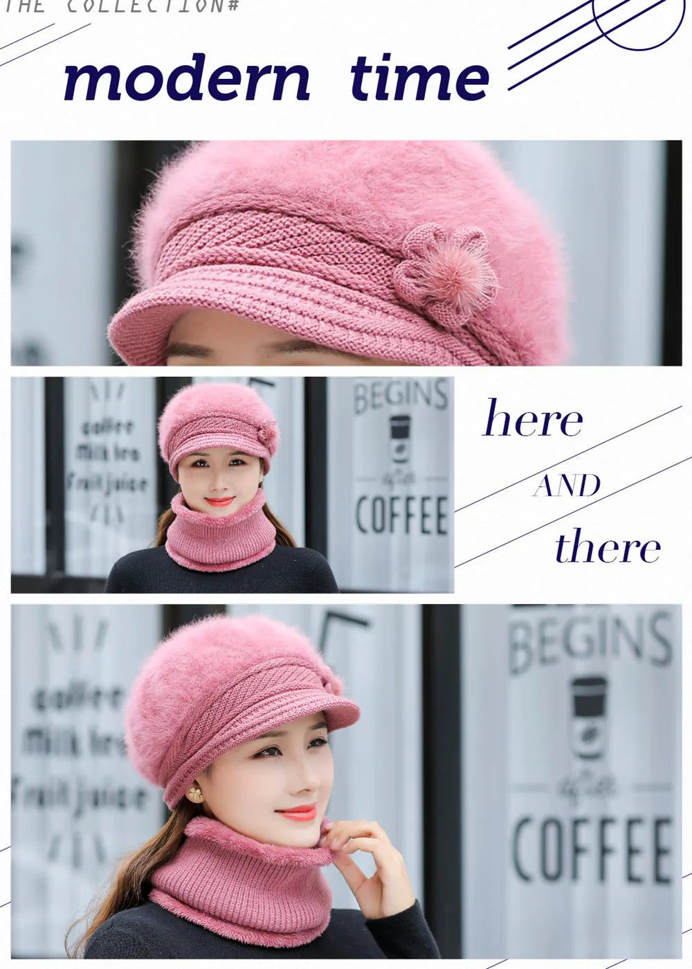New Women Winter Hat, Keep Warm Cap, Add Fur Lined Hat & Scarf Warm Set, Fashion Hat For Women Casual Faux Fur Flower Knitted Hat
