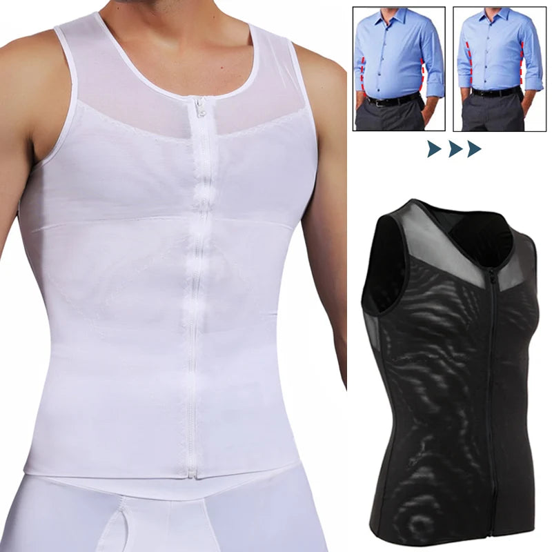 Men's Body Shaper, Abdomen Slimming Shapewear, Belly Shaping Corset, Top Gynecomastia Compression Shirts WIth Zipper Waist Trainer