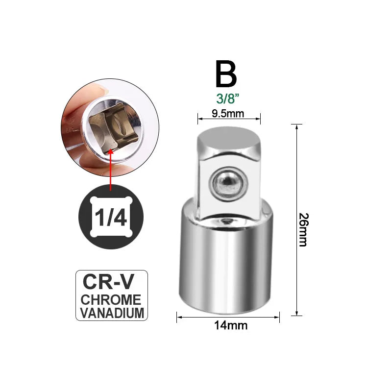 Ratchet Wrench Socket Converter Sleeve Head Adapter 1/2" (Female) to 3/8" (Male), 3/8" (Female) to 1/4" (Male), 1/4" (Female) to 3/8" (Male), 3/8" (Female) to 1/2" (Male) Stainless Steel