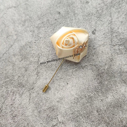 Groom Boutonniere Lapel Pins, Wedding Corsage Suit Buttonhole Silk Roses Gold Leaves Men Women Brooch Flowers, Mariage Accessories