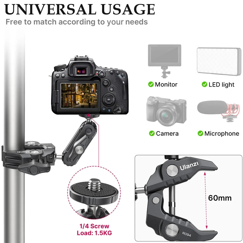 Metal Super Clamp with Double Ball Head, Magic Arm Clamp with 1/4" 3/8" Hole for DSLR Camera Monitor Light Mic Mount, Ulanzi R094