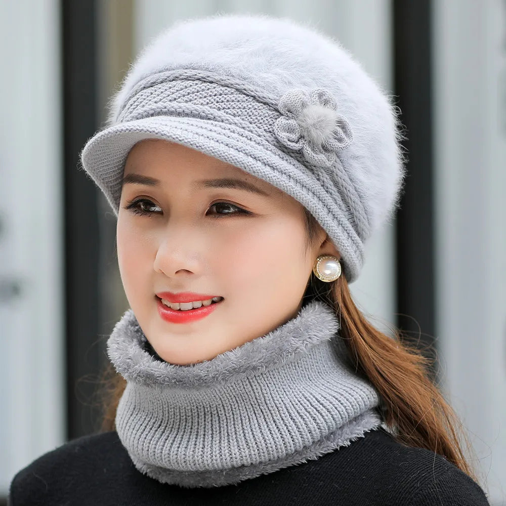 New Women Winter Hat, Keep Warm Cap, Add Fur Lined Hat & Scarf Warm Set, Fashion Hat For Women Casual Faux Fur Flower Knitted Hat