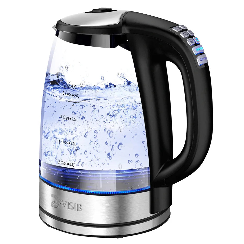 2Liter, Electric Glass Kettle, 2200W Fast Boil Temp Control Keep Warm 4H Auto Shut-Off Boil-Dry Protection for Coffee & Tea, DEVISIB