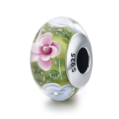 BAMOER 925 Sterling Silver Lovely Pink Flower European Murano Glass Charm Beads for DIY Charm Bracelets Christmas Gifts SCZ001