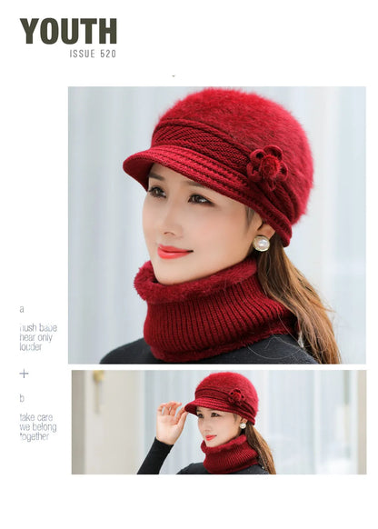 New Women Winter Hat, Keep Warm Cap, Add Fur Lined Hat & Scarf Warm Set, Fashion Hat For Women Casual Faux Fur Flower Knitted Hat