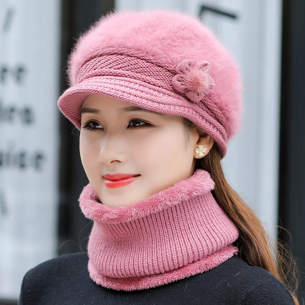 New Women Winter Hat, Keep Warm Cap, Add Fur Lined Hat & Scarf Warm Set, Fashion Hat For Women Casual Faux Fur Flower Knitted Hat