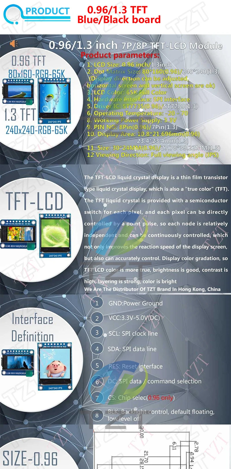 TFT Display 0.96 / 1.3 inch IPS 7P SPI HD 65K Full Color LCD Module ST7735 / ST7789 Drive IC 80*160 240*240 (Not OLED)