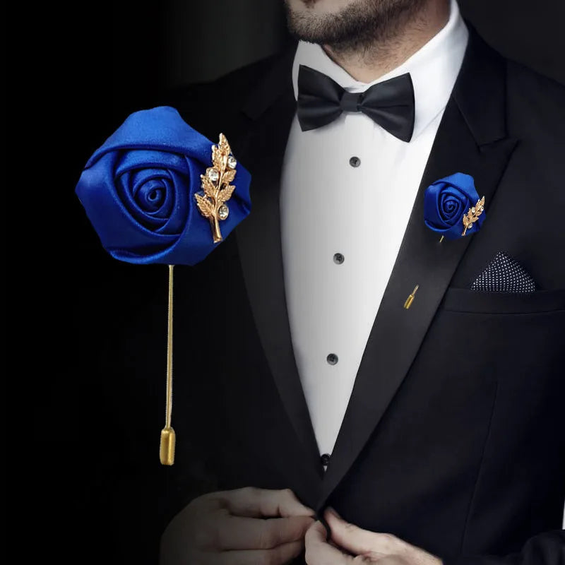 Groom Boutonniere Lapel Pins, Wedding Corsage Suit Buttonhole Silk Roses Gold Leaves Men Women Brooch Flowers, Mariage Accessories