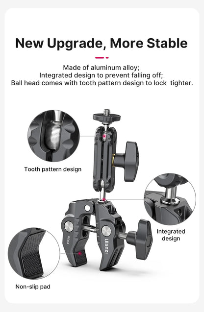 Metal Super Clamp with Double Ball Head, Magic Arm Clamp with 1/4" 3/8" Hole for DSLR Camera Monitor Light Mic Mount, Ulanzi R094