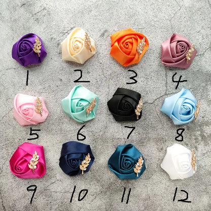 Groom Boutonniere Lapel Pins, Wedding Corsage Suit Buttonhole Silk Roses Gold Leaves Men Women Brooch Flowers, Mariage Accessories