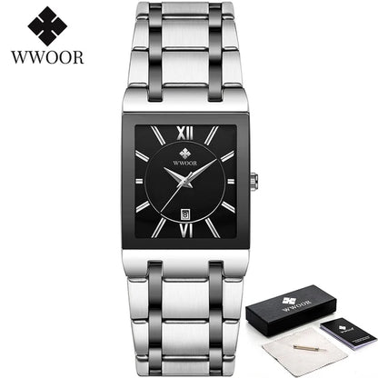 New Fashion Watches For Men, WWOOR Luxury Square Blue Men's Wristwatch, Stainless Steel Waterproof Quartz Clock, Male, Relogio Masculino