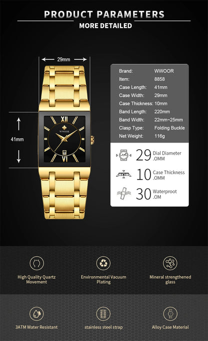 New Fashion Watches For Men, WWOOR Luxury Square Blue Men's Wristwatch, Stainless Steel Waterproof Quartz Clock, Male, Relogio Masculino