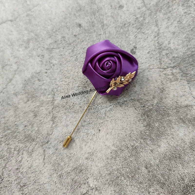 Groom Boutonniere Lapel Pins, Wedding Corsage Suit Buttonhole Silk Roses Gold Leaves Men Women Brooch Flowers, Mariage Accessories