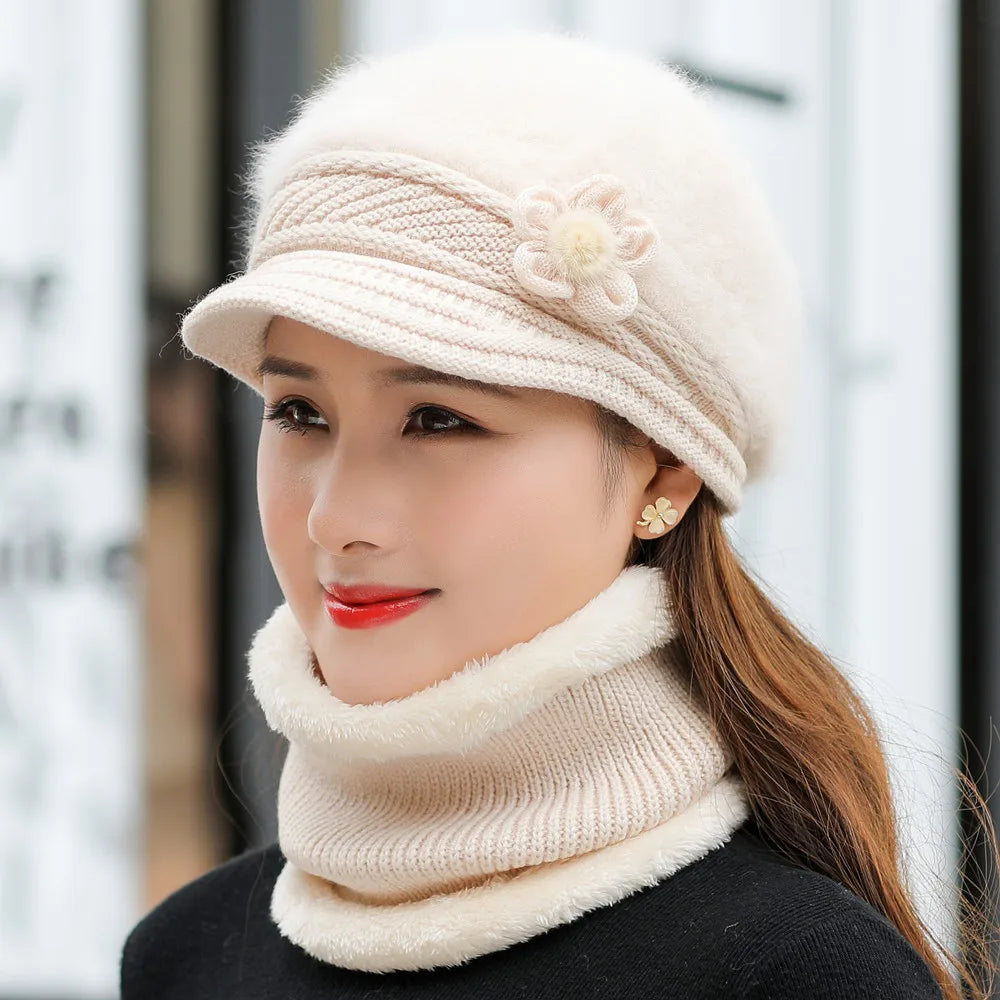 New Women Winter Hat, Keep Warm Cap, Add Fur Lined Hat & Scarf Warm Set, Fashion Hat For Women Casual Faux Fur Flower Knitted Hat