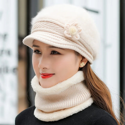New Women Winter Hat, Keep Warm Cap, Add Fur Lined Hat & Scarf Warm Set, Fashion Hat For Women Casual Faux Fur Flower Knitted Hat