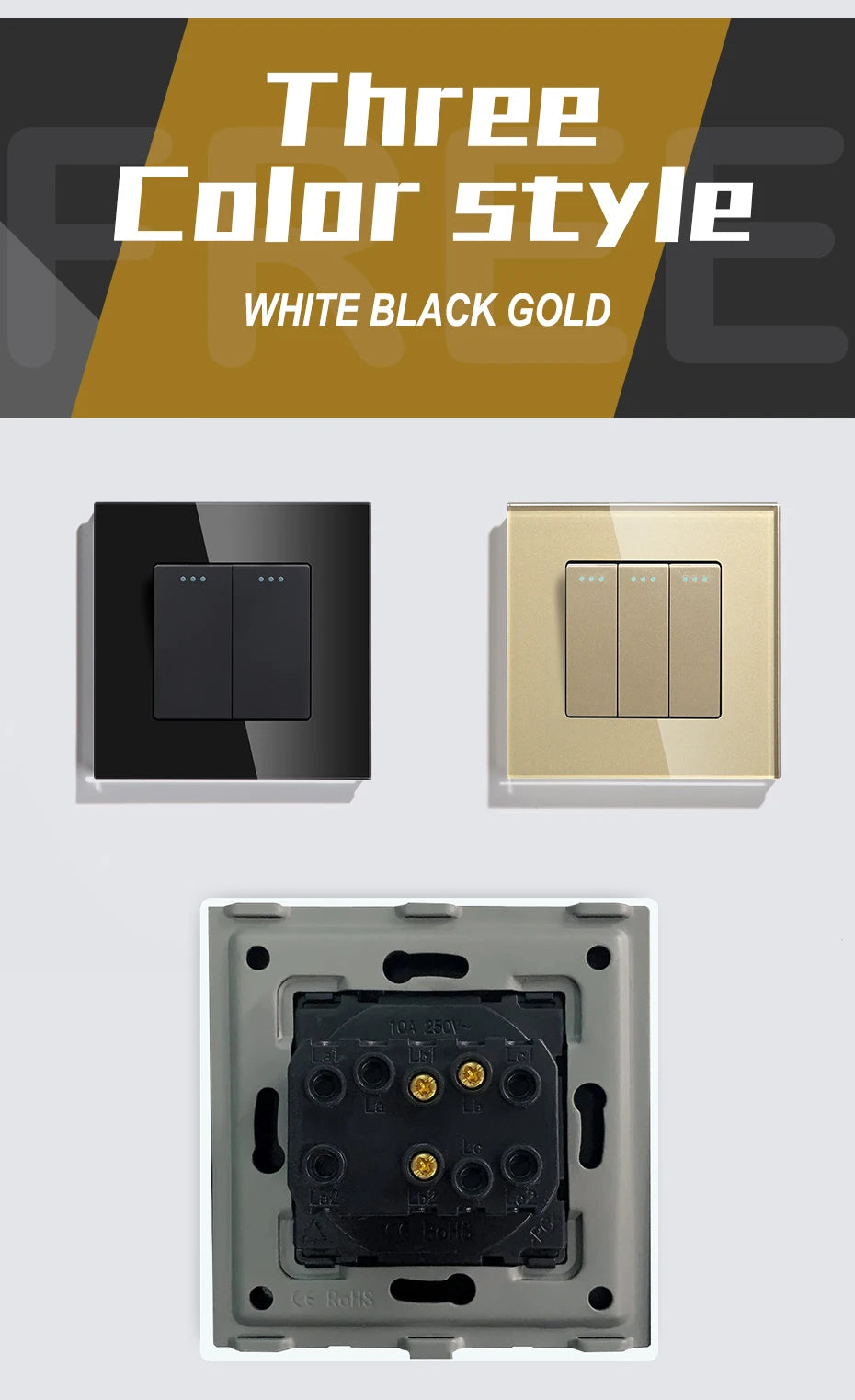Bseed EU Standard Mechanical Reset Switch 1/2/3Gang 1Way Push Button Switches With Crystal Glass Panel White Black 250V