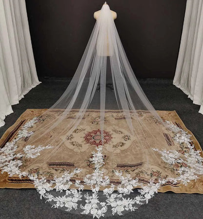 Customized High Quality Vintage Wedding Veil, 3.5M Long Special Cut Royal Bridal Veil with Comb, Bling Sequins Lace Veil
