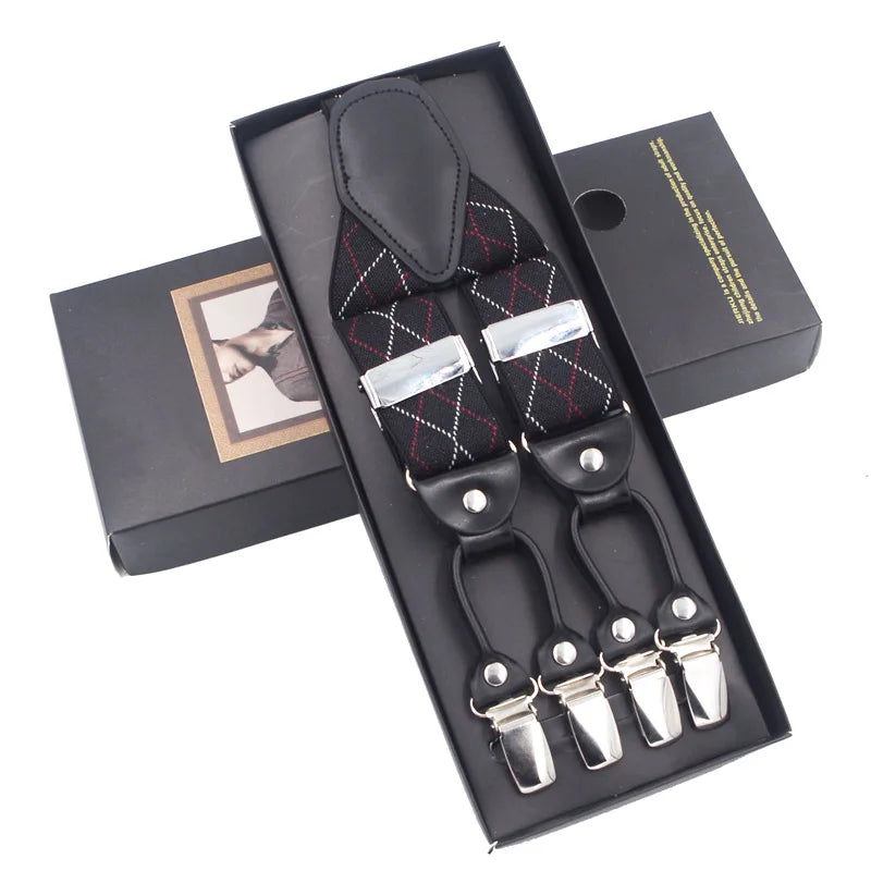 Fashion Suspenders Black leather 6 Clips Braces Vintage Casual Suspender Tirante Trousers Strap bretele Father/Husband's Gift