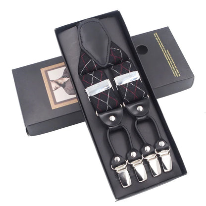 Fashion Suspenders Black leather 6 Clips Braces Vintage Casual Suspender Tirante Trousers Strap bretele Father/Husband's Gift