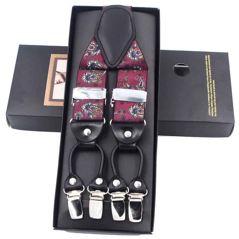 Fashion Suspenders Black leather 6 Clips Braces Vintage Casual Suspender Tirante Trousers Strap bretele Father/Husband's Gift