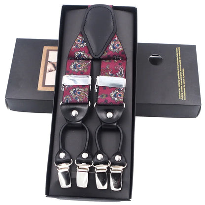 Fashion Suspenders Black leather 6 Clips Braces Vintage Casual Suspender Tirante Trousers Strap bretele Father/Husband's Gift