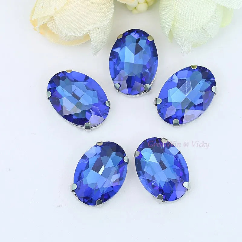 Glass Rhinestones, Oval Shape Diamond With Claw Sew On Strass Metal Base, Buckle Crystal Stone Beads For Clothes
