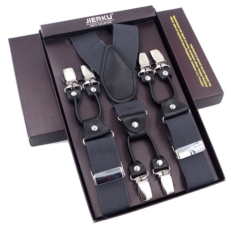 Fashion Suspenders Black leather 6 Clips Braces Vintage Casual Suspender Tirante Trousers Strap bretele Father/Husband's Gift