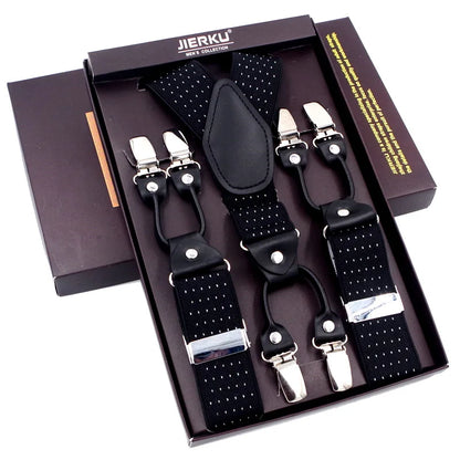 Fashion Suspenders Black leather 6 Clips Braces Vintage Casual Suspender Tirante Trousers Strap bretele Father/Husband's Gift