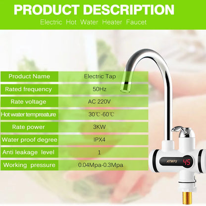 Electric Kitchen Water Heater Tap, Instant Hot Water Faucet Heater, Cold Heating Faucet, Tankless Instantaneous Water Heater, ATWFS