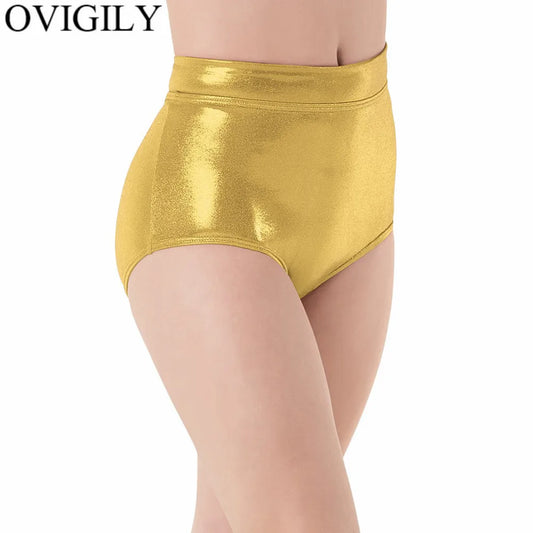 OVIGILY Women Metallic Cheer Booty Dance Shorts Girls Mid Waist Gymnastics Shorts Red Underpants Shiny Stage Performance Bottoms