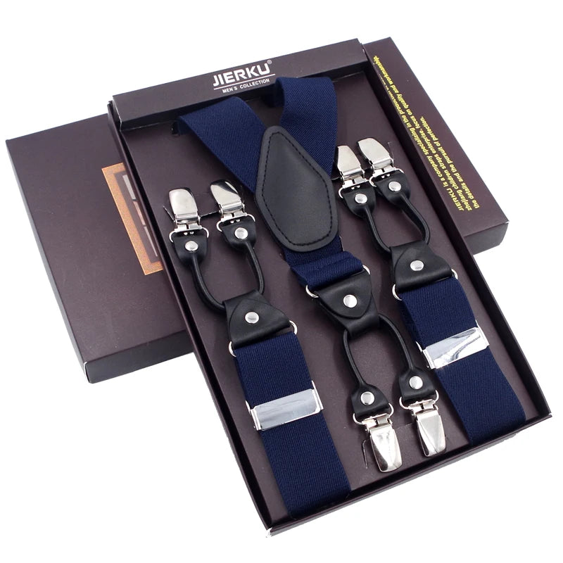 Fashion Suspenders Black leather 6 Clips Braces Vintage Casual Suspender Tirante Trousers Strap bretele Father/Husband's Gift