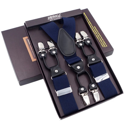 Fashion Suspenders Black leather 6 Clips Braces Vintage Casual Suspender Tirante Trousers Strap bretele Father/Husband's Gift