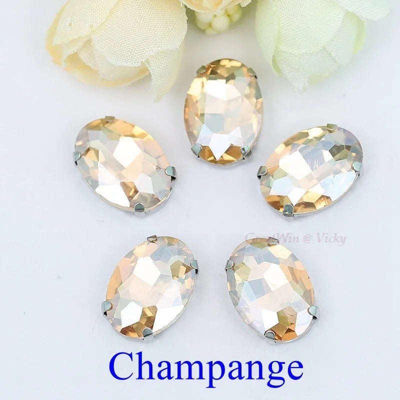 Glass Rhinestones, Oval Shape Diamond With Claw Sew On Strass Metal Base, Buckle Crystal Stone Beads For Clothes