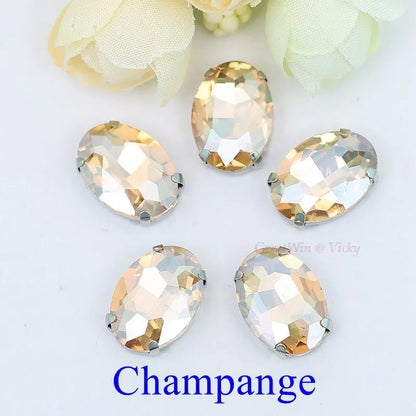 Glass Rhinestones, Oval Shape Diamond With Claw Sew On Strass Metal Base, Buckle Crystal Stone Beads For Clothes