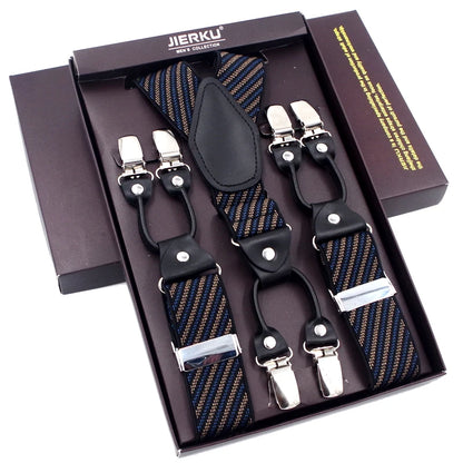 Fashion Suspenders Black leather 6 Clips Braces Vintage Casual Suspender Tirante Trousers Strap bretele Father/Husband's Gift