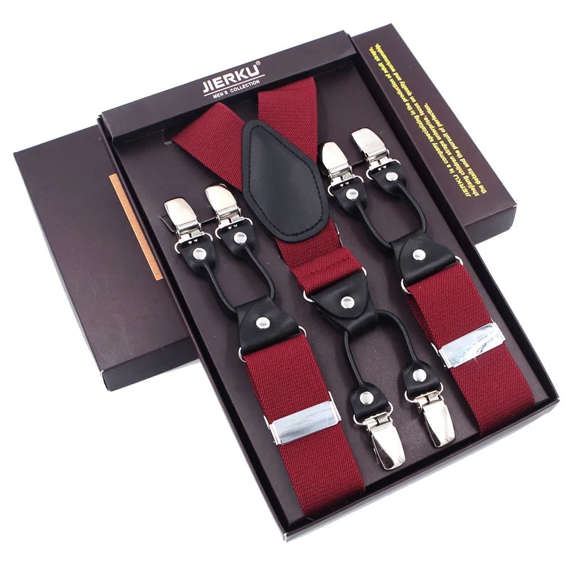 Fashion Suspenders Black leather 6 Clips Braces Vintage Casual Suspender Tirante Trousers Strap bretele Father/Husband's Gift