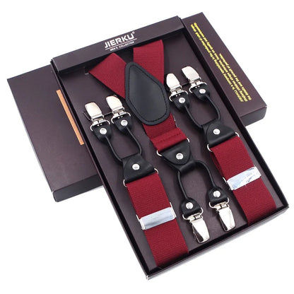 Fashion Suspenders Black leather 6 Clips Braces Vintage Casual Suspender Tirante Trousers Strap bretele Father/Husband's Gift