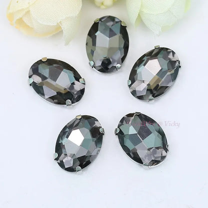 Glass Rhinestones, Oval Shape Diamond With Claw Sew On Strass Metal Base, Buckle Crystal Stone Beads For Clothes
