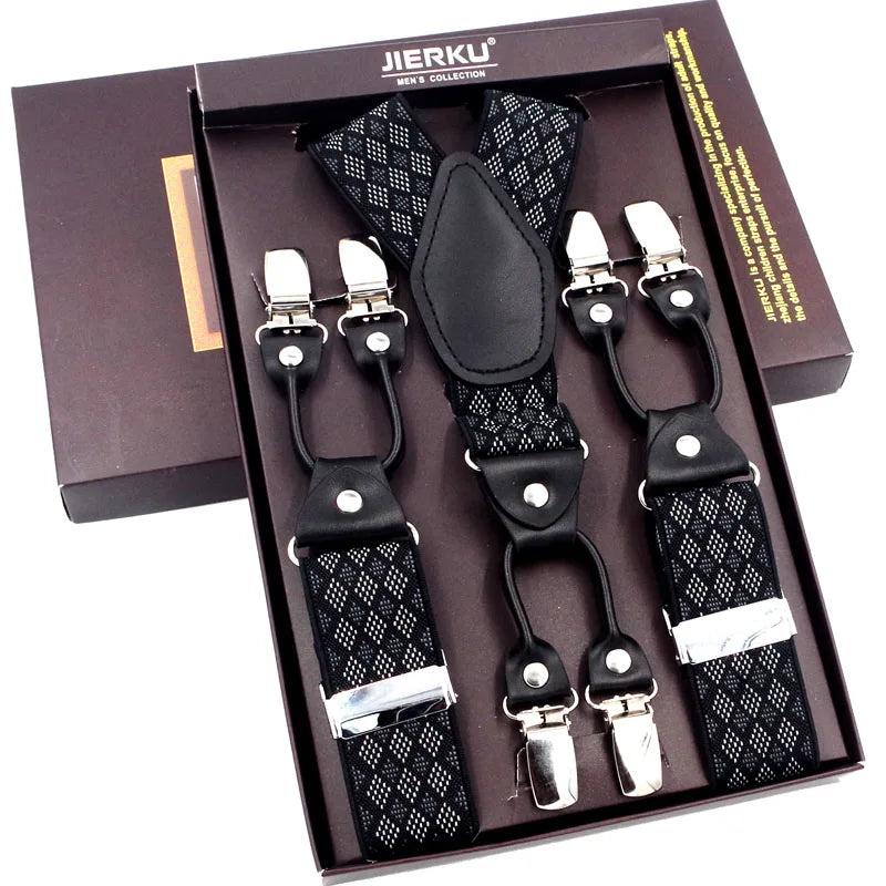 Fashion Suspenders Black leather 6 Clips Braces Vintage Casual Suspender Tirante Trousers Strap bretele Father/Husband's Gift