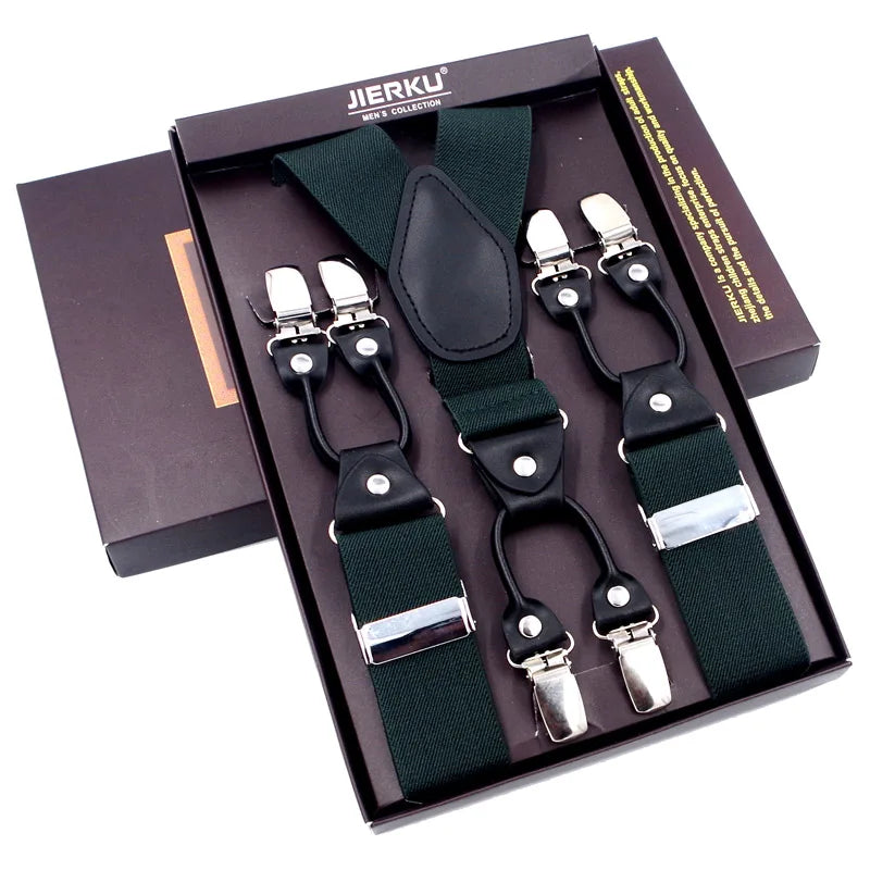 Fashion Suspenders Black leather 6 Clips Braces Vintage Casual Suspender Tirante Trousers Strap bretele Father/Husband's Gift