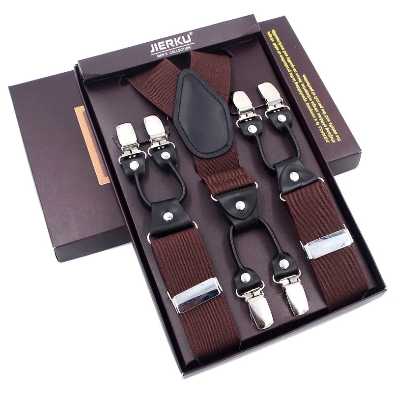 Fashion Suspenders Black leather 6 Clips Braces Vintage Casual Suspender Tirante Trousers Strap bretele Father/Husband's Gift