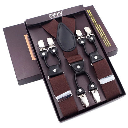 Fashion Suspenders Black leather 6 Clips Braces Vintage Casual Suspender Tirante Trousers Strap bretele Father/Husband's Gift