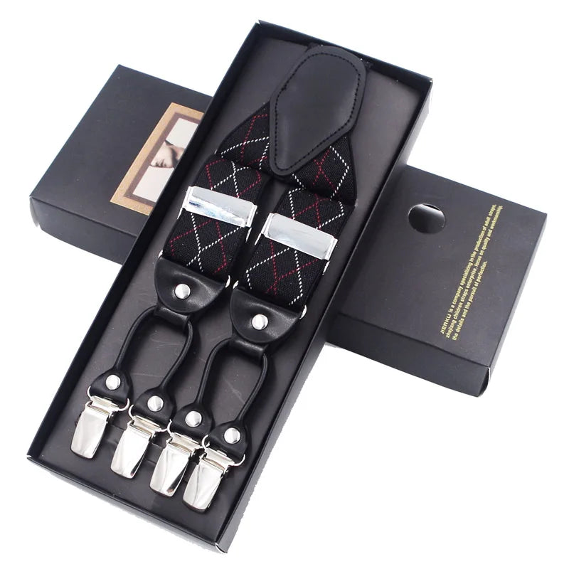 Fashion Suspenders Black leather 6 Clips Braces Vintage Casual Suspender Tirante Trousers Strap bretele Father/Husband's Gift