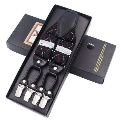 Fashion Suspenders Black leather 6 Clips Braces Vintage Casual Suspender Tirante Trousers Strap bretele Father/Husband's Gift