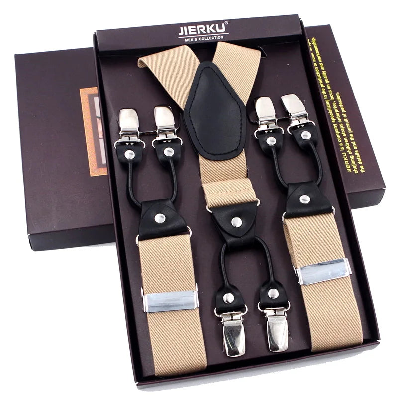 Fashion Suspenders Black leather 6 Clips Braces Vintage Casual Suspender Tirante Trousers Strap bretele Father/Husband's Gift
