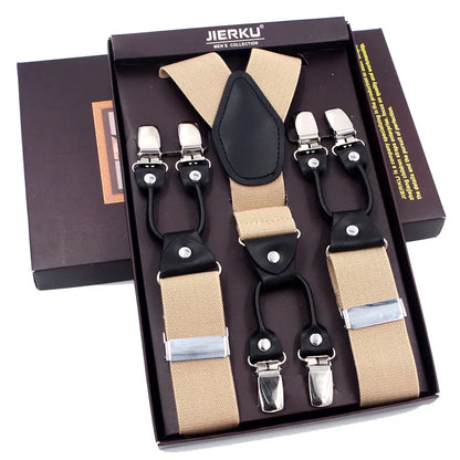 Fashion Suspenders Black leather 6 Clips Braces Vintage Casual Suspender Tirante Trousers Strap bretele Father/Husband's Gift