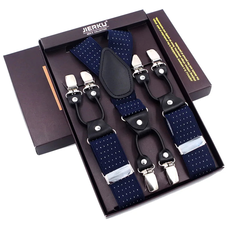 Fashion Suspenders Black leather 6 Clips Braces Vintage Casual Suspender Tirante Trousers Strap bretele Father/Husband's Gift